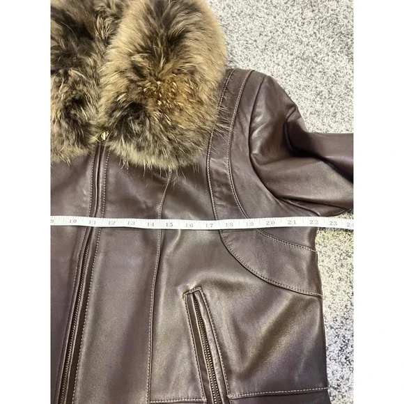 Luxury Women's Genuine Leather Real Fur Collar Jacket Brown Warm Winter Coat Y2K - Picture 6 of 14